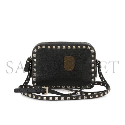 VALENTINO GARAVANI PEBBLED CALFSKIN ROCKSTUD CAMERA CROSSBODY BAG BLACK 168173 (18*13*8cm) VALENTINO GARAVANI PEBBLED CALFSKIN ROCKSTUD CAMERA CROSSBODY BAG BLACK 168173 (18*13*8cm)